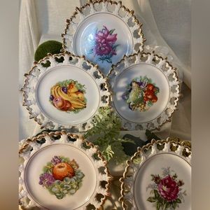 Set of 5 Vintage Napco Fruit and Flowers decorative plates. Hand Painted Japan.